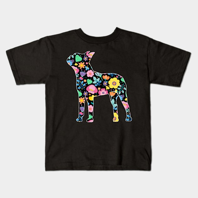Floral Boston terrier print Kids T-Shirt by GBCDesign